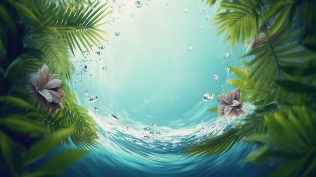 Beautiful minimal background with round water splash and exotic tropical leaves. Circular copy space in the middle. AI generative image.