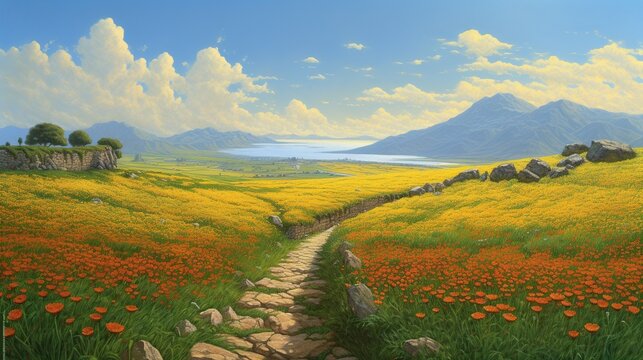 Oil painted illustration of yellow brick road through green meadows with red poppy flowers and mountains, fantasy background with copy space. AI generative image.