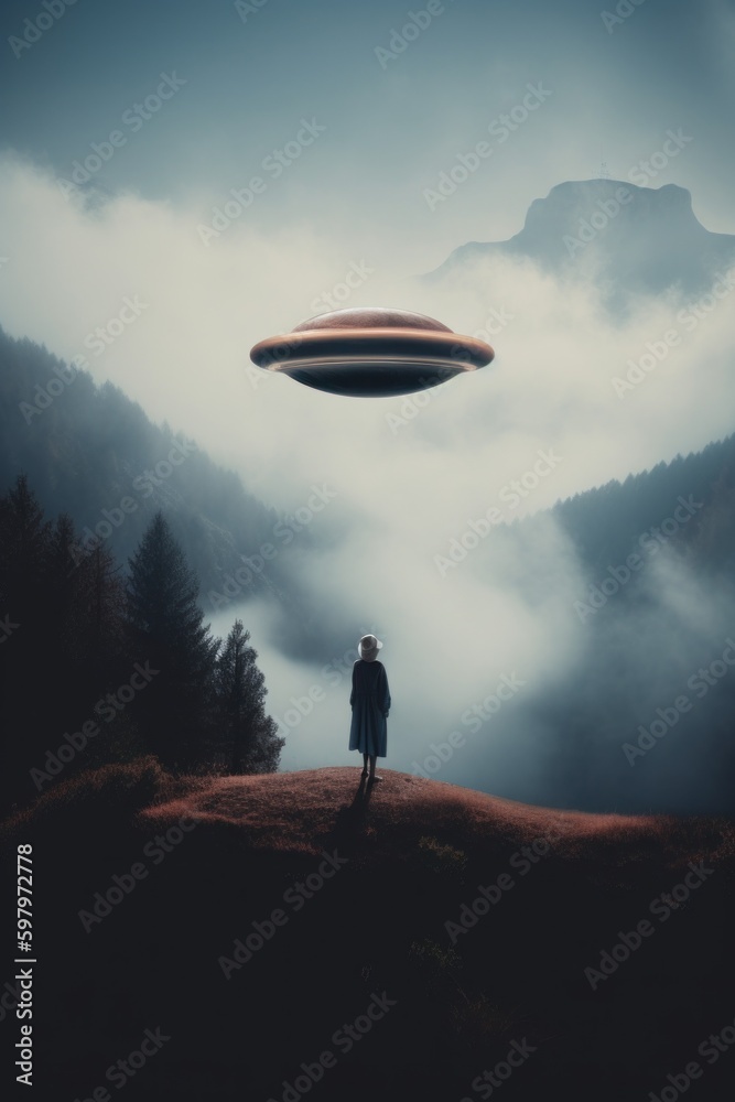 Canvas Prints A man standing on top of a hill under a flying saucer. AI generative image.