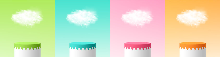 Set of 3D summer cloud background with white cylinder podium in green, blue, pink and orange serrated pattern. Minimal wall scene mockup product display. Stage showcase. Abstract vector platforms.