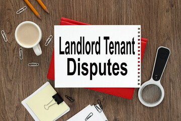 Landlord Tenant Disputes open notepad with text on a rustic background. business concept. envelope...