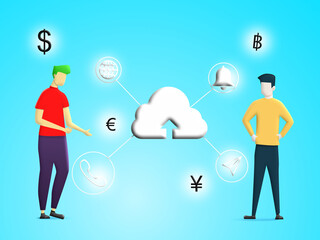 Communication Two people speaking about business, digital, technology and finance on blue sky background. Men talking with icon cloud, telephone, envelope, world and notifications. Illustration 3D 