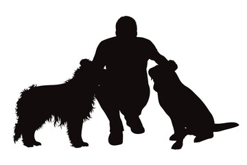 Vector silhouette of man with his happy dogs on white background.