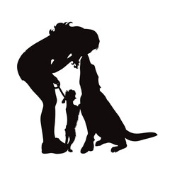 Vector silhouette of woman with her happy dogs on white background.