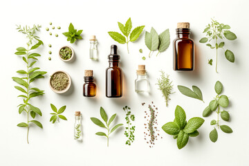 Herb essential oil aroma bootle and leaf , Generative Ai	