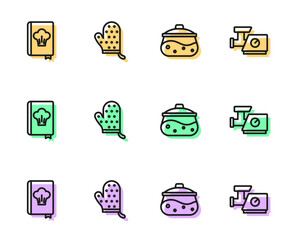 Set line Cooking pot, Cookbook, Oven glove and Kitchen meat grinder icon. Vector