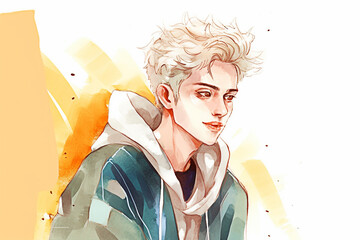 Portrait of a young man with blond hair. watercolor illustration. Generative AI