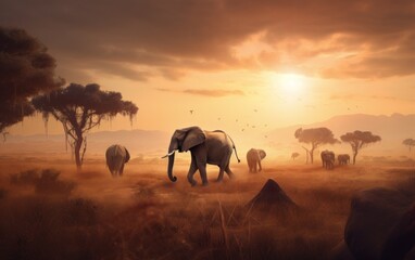 Naklejka na ściany i meble A herd of elephants walking across a dry grass field. AI generative image.