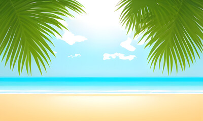 Fototapeta na wymiar Cartoon summer beach. Paradise nature vacation, ocean or sea seashore. Seaside landscape, tropical beach relax or seaside landscape.