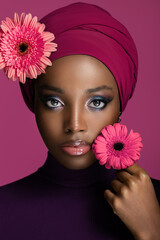 African beautiful girl in a colored headscarf on her head and pink gerberas near her face.