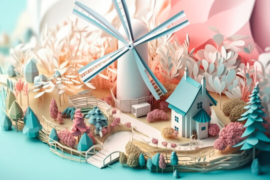 Eco friendly and save energy concept design. Urban countryside and cityscape of environment conservation paper art style.