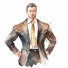 Watercolor illustration of a businessman in a suit with a tie. Generative AI
