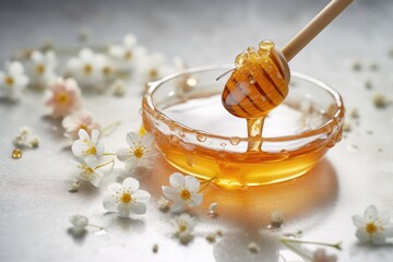 Sweet Shots: Capturing the Beauty of Manuka Honey with a Honey Dipper and Flower in Stunning Photography against a Light Background. Generative Ai