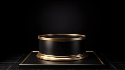 Black product podium with gold elements on a black background, Generative AI