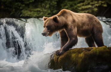 Naklejka na ściany i meble a bear sitting on a rock of a waterfall to catch trout fish jumping out of the river, generative AI