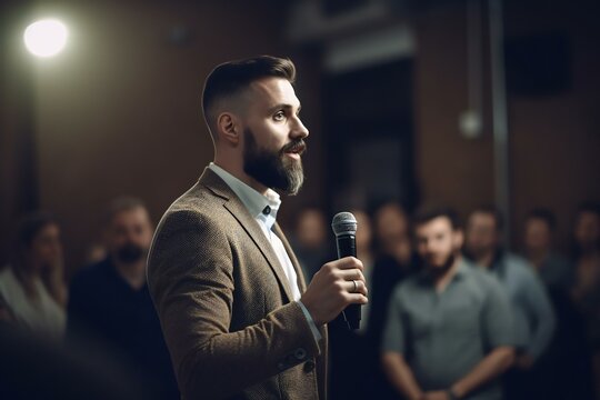 Male Speaker Presenter On The Stage Speaking To Audiences. Confident Successful Man On The Stage. Generative AI