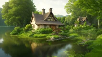 Fototapeta premium Create a stunning image of a house nestled in a lush, green landscape by a tranquil lake. The house should have a charming, rustic appearance with a thatched roof and a stone chimney. A winding dirt t