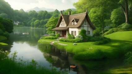 Fototapeta na wymiar Create a stunning image of a house nestled in a lush, green landscape by a tranquil lake. The house should have a charming, rustic appearance with a thatched roof and a stone chimney. A winding dirt t