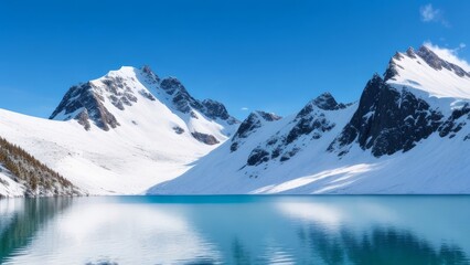 A snowy mountain peak, with a serene lake in the foreground and a clear blue sky overhead.