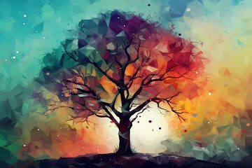 Abstract AI Tree Background Polygon Multicolor Ink. Created by Generative AI