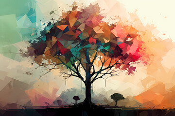 Abstract AI Tree Background Polygon Multicolor Ink. Created by Generative AI