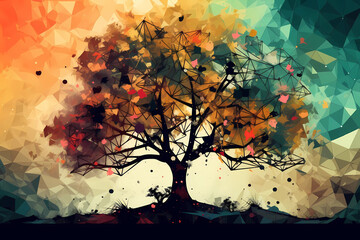 Abstract AI Tree Background Polygon Multicolor Ink. Created by Generative AI