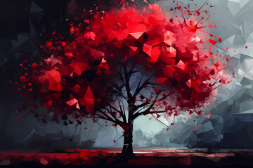 Abstract AI Tree Background Polygon Red And Black Ink. Created by Generative AI