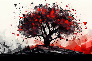 Abstract AI Tree Background Polygon Red And Black Ink. Created by Generative AI
