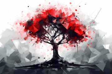 Abstract AI Tree Background Polygon Red And Black Ink. Created by Generative AI