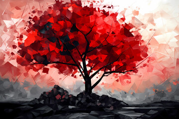 Abstract AI Tree Background Polygon Red And Black Ink. Created by Generative AI