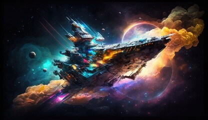 Fototapeta na wymiar A spaceship drifting through a colorful nebula generative ai