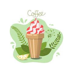 Coffee drink chilled with ice in disposable plastic cups. Cold Coffee. Glass of dessert, with whipped cream, chocolate or caramel filling and carbonated drink. Ice cream. Vector flat illustration. Iso