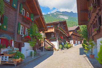 Fototapeta na wymiar historic alley Brunngasse, tourist resort Brienz, bernese Oberland switzerland