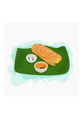 Editable Top Side View Indian Masala Dosa With Chutney and Sambar on Banana Leaf Vector Illustration for Artwork of Cuisine Related Design With South Asian Culture and Tradition