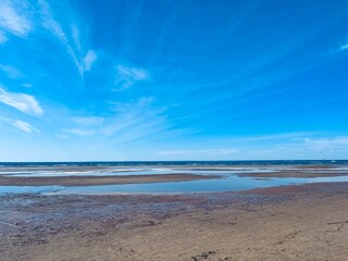 Blue seascape, sandy seascape, blue sky