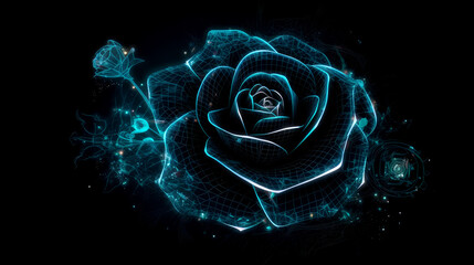Futuristic neon rose on black background, virtual metaverse technology world, fantasy, sci-fi, generative AI.