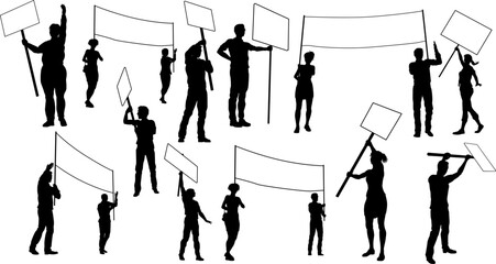 Protestors or demonstrators men and women. At a demonstration march, picketing line or strike protest rally in silhouette. Holding banners, picket signs and megaphone or mega phone.
