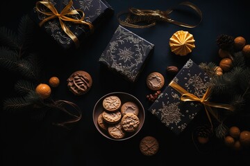 luxury Xmas dark black background, gifts, generative ai