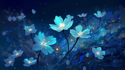 Fototapeta Blue flowers in the dark with stars in the sky, made of crystals, detailed illustrations, 32k uhd, fanciful illustrations, simple designs, wallpaper, Generative AI obraz