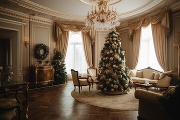 luxury Christmas tree ornamented with baubles, generative AI