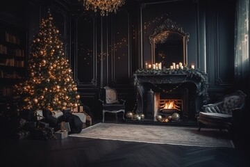 luxury interior xmas,glowing tree, fireplace, generative AI