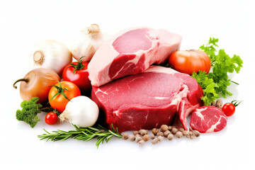 raw meat and vegetables on white background -Ai