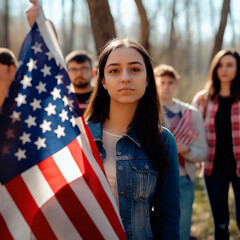 The girl is holding the American flag. Peaceful demonstration