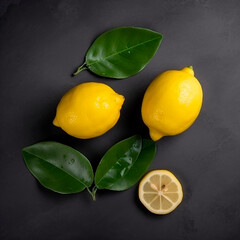 Lemons and leaves on a dark background. View from above. Generative ai.