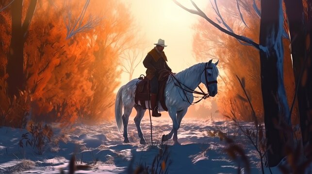 Close up of an old cowboy on a horse, snow, autumn trees, raking sunlight, sunset, hyper detailed, cinematic lighting, raking vibrant light, wallpaper, horse in the sunset, Generative AI