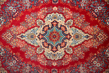 Wall carpet. Red carpet with an abstract pattern. Retro interior. Design of apartments in the USSR. Back to the past