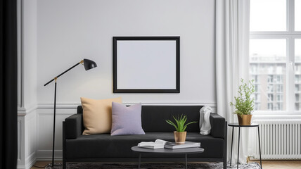Living room with mock up frame on the wall, abstract creation. Blurry background, template, Bokeh, Generative AI