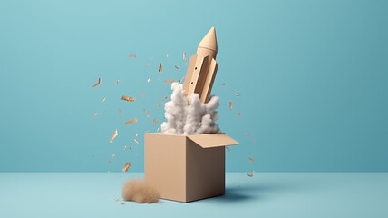 Rocket flying out of the box, abstract creation. Blurry background, template, Bokeh, Generative AI