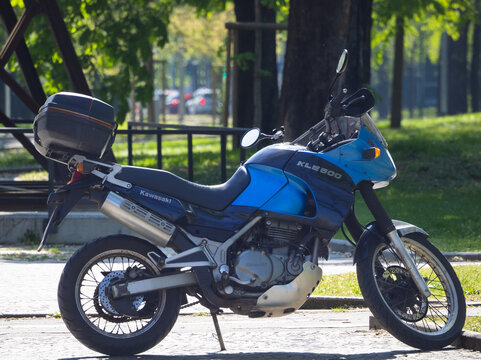 Blue Kawasaki KLE 500, motorcycle prepared for rough trails with twin-cylinder engine.Milan - Italy,08 April 2023