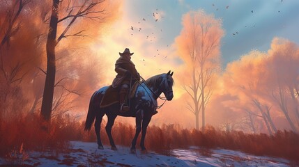 Close up of an old cowboy on a horse, snow, autumn trees, raking sunlight, sunset, hyper detailed, cinematic lighting, raking vibrant light, wallpaper, horse in the sunset, Generative AI